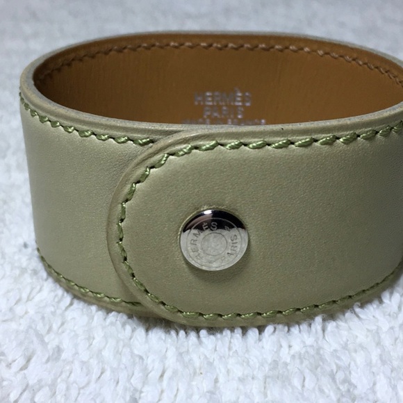 Hermès Lime Green Leather and Silvertone Pyramid Bracelet (7.5in) [In Box] - Picture 7 of 9